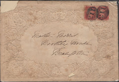 135016 1861 VALENTINE ENVELOPE WITH CARD USED LOCALLY BRAMPTON, CUMBERLAND.