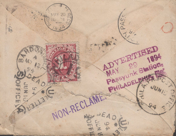 135017 1894 'UNCLAIMED' MAIL CARLISLE TO PHILADELPHIA WITH 2½D JUBILEE (SG201).
