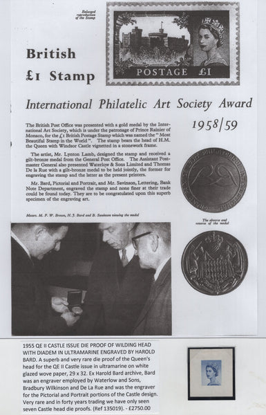 135019 1955 QE II CASTLE ISSUE DIE PROOF OF WILDING HEAD WITH DIADEM IN ULTRAMARINE ENGRAVED BY HAROLD BARD.