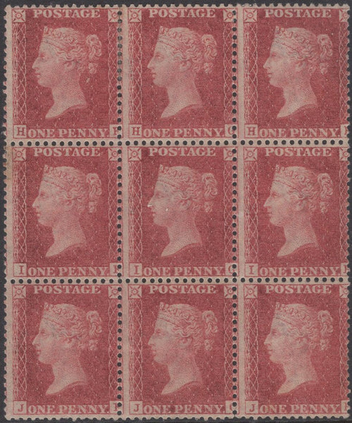 135064 1857 DIE 2 1D PL.36 ROSE-RED ON WHITE PAPER (SG40) MINT BLOCK OF NINE.