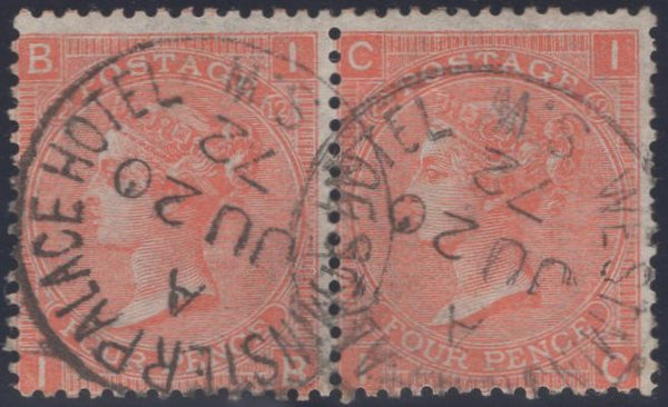 135076 1870 4D VERMILION PL.12 (SG94) USED HORIZONTAL PAIR WITH 'WESTMINSTER HOTEL' CANCELLATIONS.