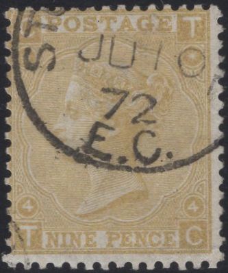 135079 1867 9D STRAW (SG110) VERY FINE USED WITH LONDON CDS.