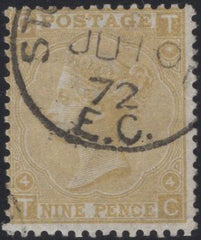135079 1867 9D STRAW (SG110) VERY FINE USED WITH LONDON CDS.