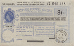 135096 1969 8/- BRITISH POSTAL ORDER WITH 'RED COW/EXETER DEVON' DATE STAMP.
