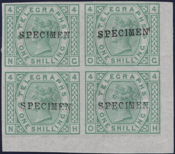135099 1876 1S TELEGRAPH GREEN PL.4 IMPERF BLOCK OF FOUR 'SPECIMEN' TYPE 9 (SPEC L218t).