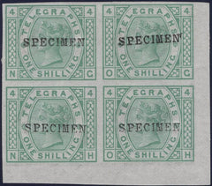 135099 1876 1S TELEGRAPH GREEN PL.4 IMPERF BLOCK OF FOUR 'SPECIMEN' TYPE 9 (SPEC L218t).