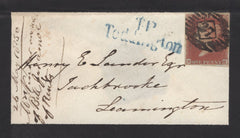135101 1850 MOURNING ENVELOPE LONDON TO LEAMINGTON WITH 1D (SG8), 'T.P/Teddington' RECEIVERS HAND STAMP AND 'BISHOPS.TACHBROOK' UDC.