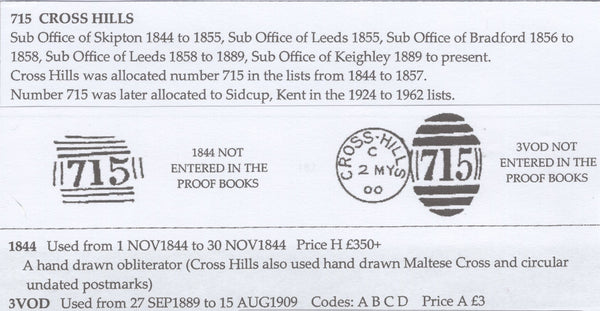 135103 1845 1D PL.54 (SG8)(LB) WITH HAND DRAWN '715' NUMERAL OF CROSS HILLS, NORTH YORKSHIRE.