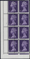 135116 1967 3D VIOLET PRE-DECIMAL MACHIN (SG729) CYLINDER '1' BLOCK OF EIGHT WITH DOUBLE STRIKE OF PERFORATION.