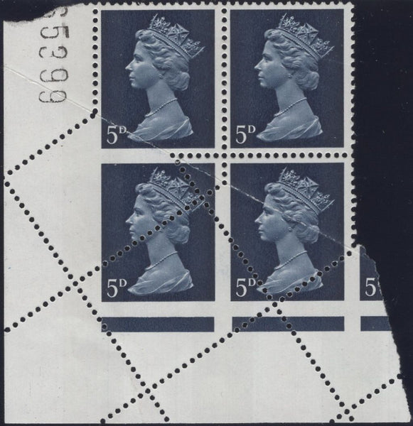 135118 1967 5D ROYAL BLUE PRE-DECIMAL MACHIN (SG735) LOWER LEFT CORNER MARGINAL BLOCK OF FOUR WITH ERROR OF PERFORATION.