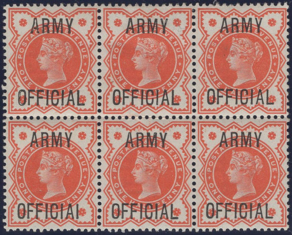 135136 1896 ½D VERMILION 'ARMY OFFICIAL' (SG041) MINT BLOCK OF SIX, ONE STAMP 'OFFICIAI' FOR 'OFFICIAL' (SPEC L36c).