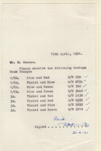 135143 1961 POST OFFICE SAVINGS ISSUE (SG623/625) SUPERB ARTWORK EX THE MICHAEL GOAMAN ARCHIVE.