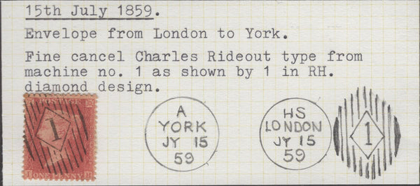 135156 1857 DIE 2 1D ROSE-RED ON WHITE PAPER (SG40) WITH RIDEOUT No. '1' EXPERIMENTAL CANCELLATION.