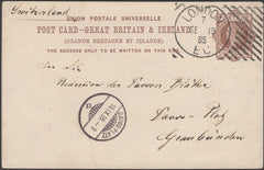 135159 1885 1D BROWN UPU POST CARD LONDON TO SWITZERLAND WITH HOSTER CANCELLATION.