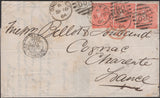 135164 TRIO 1864 LETTERS FROM LONDON TO COGNAC, CHARENTE, FRANCE EACH WITH STRIP OF THREE 4D PALE RED (SG82).