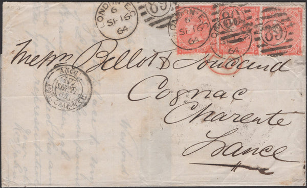 135164 TRIO 1864 LETTERS FROM LONDON TO COGNAC, CHARENTE, FRANCE EACH WITH STRIP OF THREE 4D PALE RED (SG82).