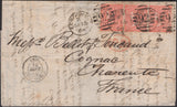 135164 TRIO 1864 LETTERS FROM LONDON TO COGNAC, CHARENTE, FRANCE EACH WITH STRIP OF THREE 4D PALE RED (SG82).