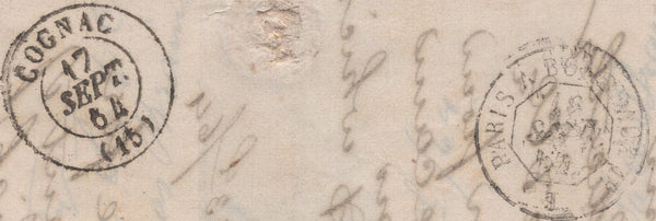 135164 TRIO 1864 LETTERS FROM LONDON TO COGNAC, CHARENTE, FRANCE EACH WITH STRIP OF THREE 4D PALE RED (SG82).