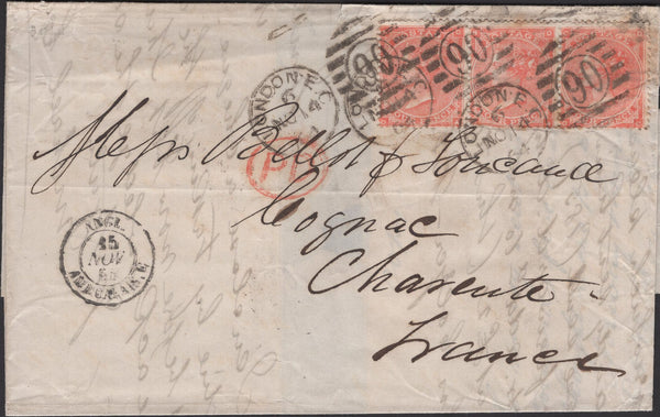 135164 TRIO 1864 LETTERS FROM LONDON TO COGNAC, CHARENTE, FRANCE EACH WITH STRIP OF THREE 4D PALE RED (SG82).