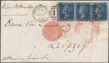 135167 1862 MAIL BRIGHTON TO LEIPZIG WITH STRIP OF THREE 2D BLUE PL.9 (SG45).