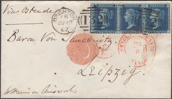 135167 1862 MAIL BRIGHTON TO LEIPZIG WITH STRIP OF THREE 2D BLUE PL.9 (SG45).