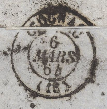 135169 1864 MAIL HULL TO FRANCE WITH 4D BRIGHT RED PL.4 (SG81).