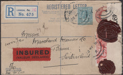 135173 1918 REGISTERED AND INSURED MAIL LONDON TO SWITZERLAND WITH 5S SEAHORSE DE LA RUE (SG410).