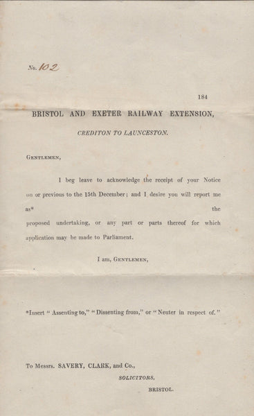 135179 CIRCA 1850 PRINTED WRAPPER 'BRISTOL AND EXETER RAILWAY EXTENSION' UNUSED TO BRISTOL WITH 1D (SG8)(GE).