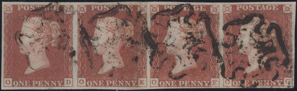 135213 1841 1D RED PL.8 (SG7) USED HORIZONTAL STRIP OF FOUR LETTERED OD OE OF OG.
