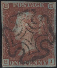 135220 1841 1D RED PL.8 ON VERY BLUED PAPER (SG7)(HJ).