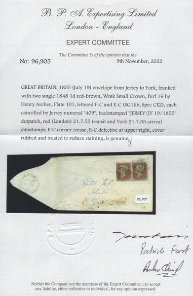 135251 1848 1D ARCHER EXPERIMENTAL PERFORATION PL.101 (SG16b) X 2 ON COVER JERSEY TO YORK.