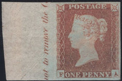 135369 1848 1D PL.84 (SG8)(FA) SUPERB LEFT MARGINAL MINT EXAMPLE WITH MARGINAL INSCRIPTION.