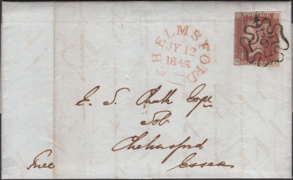 135396 1843 MAIL LONDON TO CHELMSFORD WITH 1D (SG8)(MI) CANCELLED LONDON NO.'9' IN MALTESE CROSS.