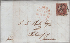 135396 1843 MAIL LONDON TO CHELMSFORD WITH 1D (SG8)(MI) CANCELLED LONDON NO.'9' IN MALTESE CROSS.