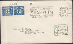 135399 1967 UNPAID MAIL SHANKLIN, ISLE OF WIGHT TO KINGSTON, SURREY WITH POSTAGE DUES.