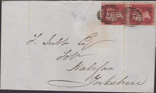 135450 1861 MAIL LONDON TO HALIFAX WITH PAIR DIE 2 1D PL.50 (SG42 ALPHABET IV)(ID JD).