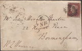 135476 1850 MAIL LONDON TO BIRMINGHAM WITH 1D PL.96 (SG8) AND CIRCULAR 'E/NR' GRAND NORTHERN RAILWAY HAND STAMP.