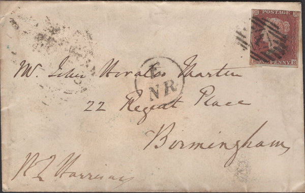 135476 1850 MAIL LONDON TO BIRMINGHAM WITH 1D PL.96 (SG8) AND CIRCULAR 'E/NR' GRAND NORTHERN RAILWAY HAND STAMP.