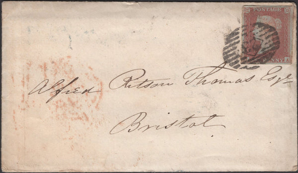 135480 1850 MAIL LONDON TO BRISTOL WITH 1D PL.94 (SG8) AND 'BRISTOL' DATE STAMP WITH BROKEN ARCS BELIEVED USED AT TEMPLE MEADS RAILWAY STATION.