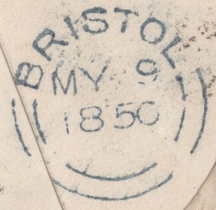 135480 1850 MAIL LONDON TO BRISTOL WITH 1D PL.94 (SG8) AND 'BRISTOL' DATE STAMP WITH BROKEN ARCS BELIEVED USED AT TEMPLE MEADS RAILWAY STATION.
