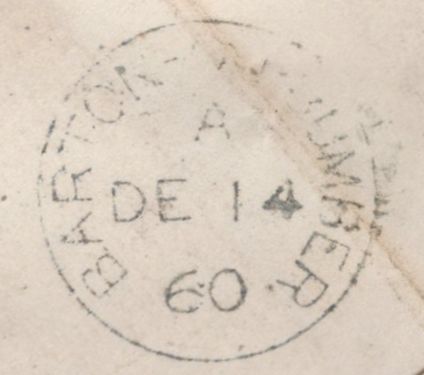 135486 1860 MAIL BARTON ON HUMBER, LINCS TO LONDON WITH SG40 CANCELLED VERY SCARCE '51' NUMERAL OF BARTON ON HUMBER.