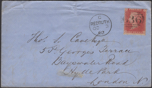 135490 1862 MAIL REDRUTH TO LONDON WITH DIE 2 1D PL.50 (SG42 ALPHABET IV).