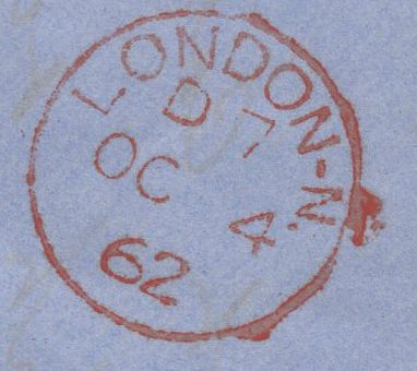 135490 1862 MAIL REDRUTH TO LONDON WITH DIE 2 1D PL.50 (SG42 ALPHABET IV).