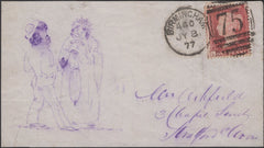 135493 1877 HAND DRAWN FRONT BIRMINGHAM TO STRATFORD ON AVON WITH 1D (SG43) WITH PICTURE OF A COUPLE CHATTING AT LEFT.