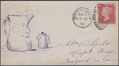 135494 1876 HAND DRAWN FRONT BIRMINGHAM TO STRATFORD ON AVON WITH 1D PL.140 (SG43) WITH INK PICTURE OF A LARGE AND SMALL MILK JUG WITH FACIAL EXPRESSIONS.