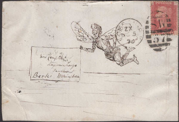 135495 1876 HAND DRAWN FRONT LONDON TO WOKINGHAM, BERKS WITH 1D PL.150 (SG43) AND PICTURE OF A WINGED WARRIOR.