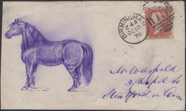 135496 1876 HAND DRAWN FRONT BIRMINGHAM TO STRATFORD ON AVON WITH 1855 1D STAR (SPEC C6), AT LEFT VERY FINE INK PICTURE OF A HORSE.