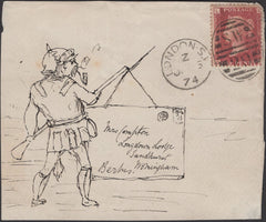 135497 1874 HAND DRAWN FRONT LONDON TO WOKINGHAM, BERKS WITH 1D (SG43) AND INK PICTURE OF A GERMAN SOLDIER WITH ADDRESS PANEL UPON BAYONET.