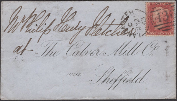 135500 1863 MAIL LANCASTER TO SHEFFIELD WITH DIE 2 1D PL.55 (SG40) WITH 'LANCASTER/436' SIDEWAYS DUPLEX.