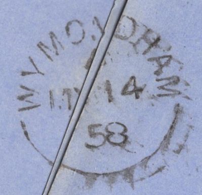 135501 1858 MAIL YARMOUTH TO WYMONDHAM WITH DIE 2 1D PL.47 (SG40) AND 'YARMOUTH-NFK/927' SIDEWAYS DUPLEX.